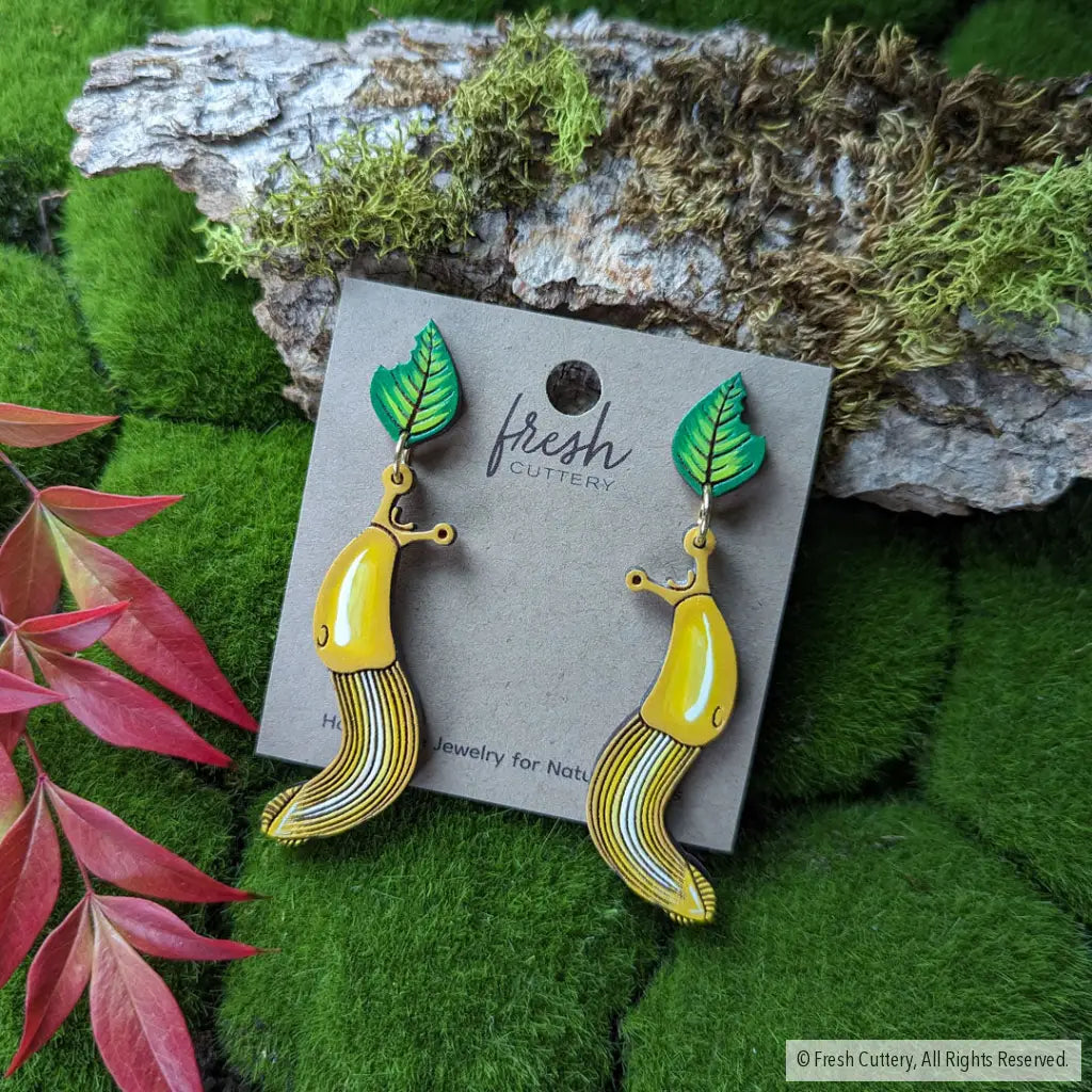 Banana Slug Earrings Gold Studs With Leaf Dangle And Drop