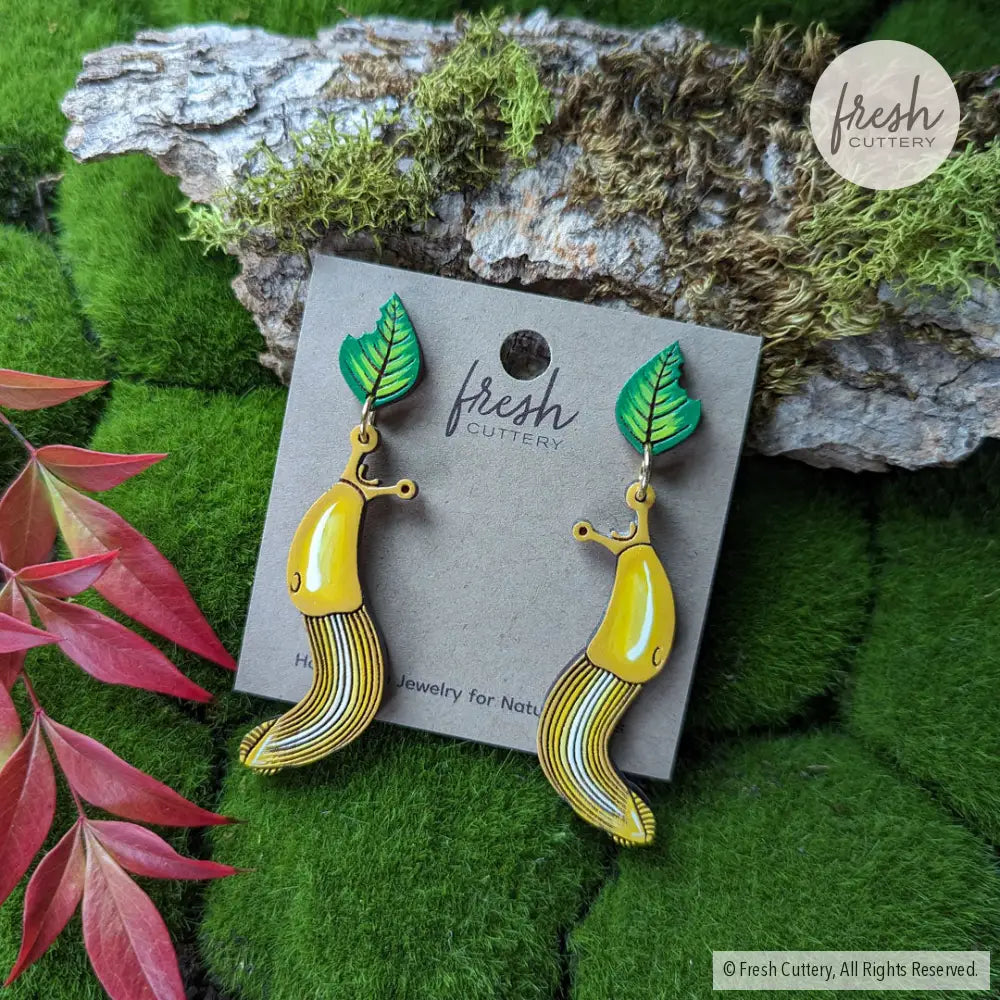 Banana Slug Earrings Gold Studs With Leaf Dangle And Drop