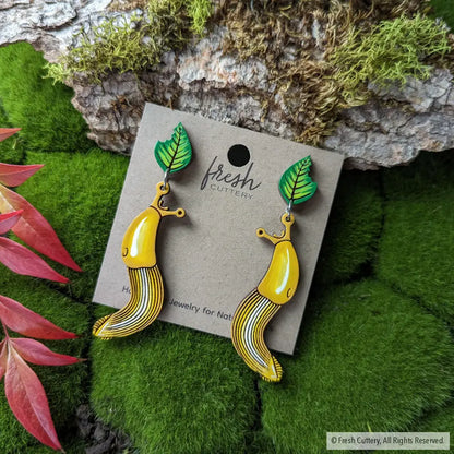 Banana Slug Earrings Silver Studs With Leaf Dangle And Drop