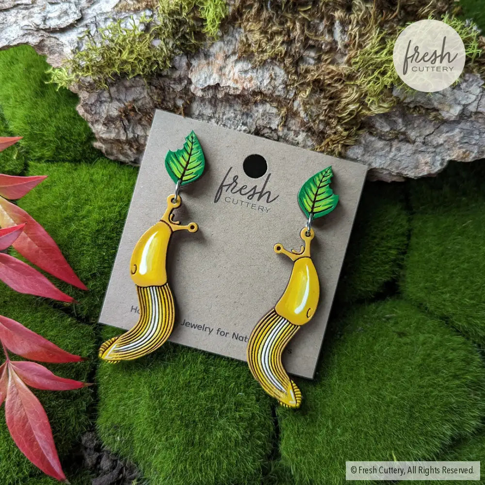 Banana Slug Earrings Silver Studs With Leaf Dangle And Drop