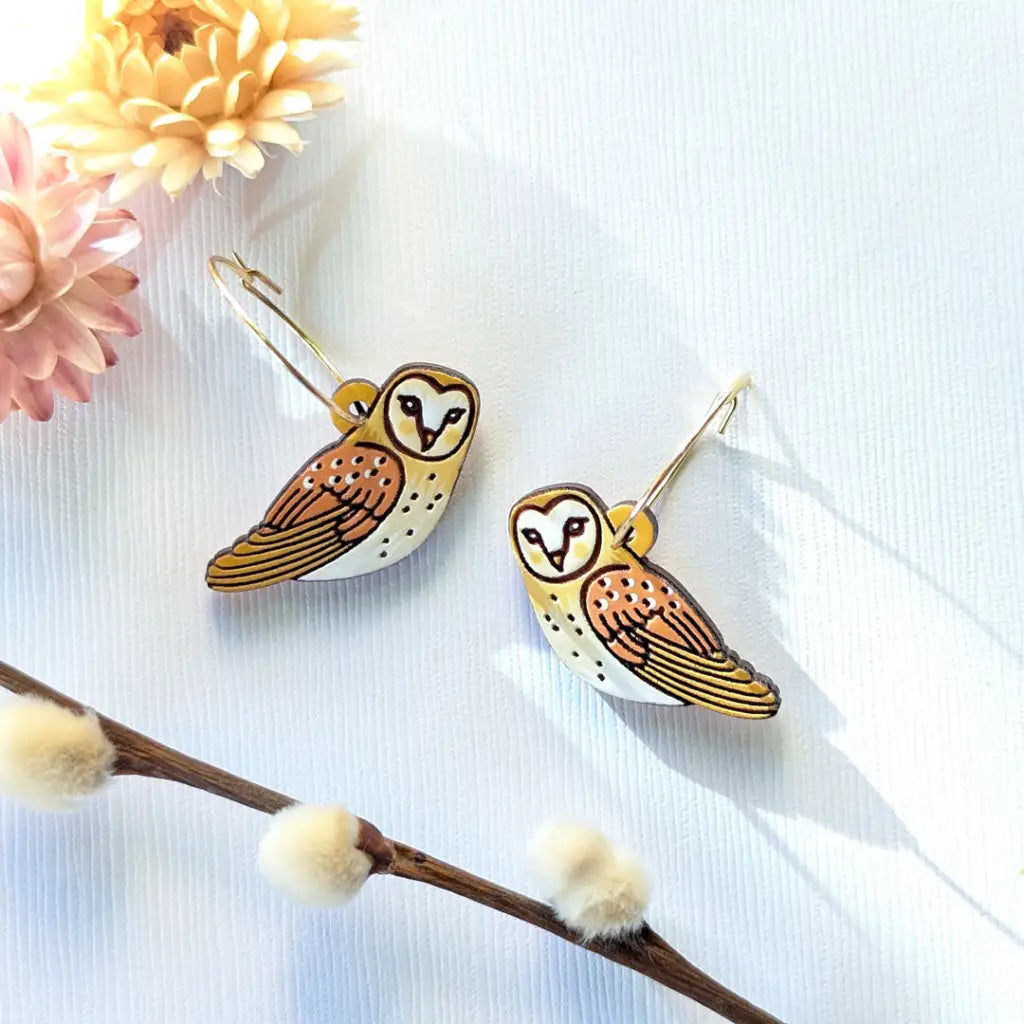 Barn Owl Earrings Gold Hoops Dangle And Drop
