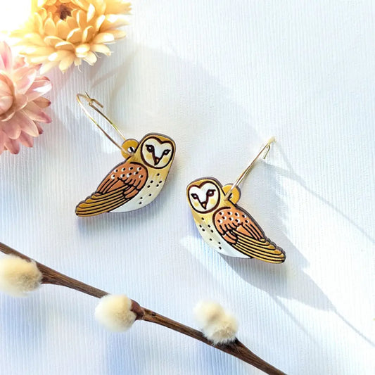 Barn Owl Earrings Gold Hoops Dangle And Drop