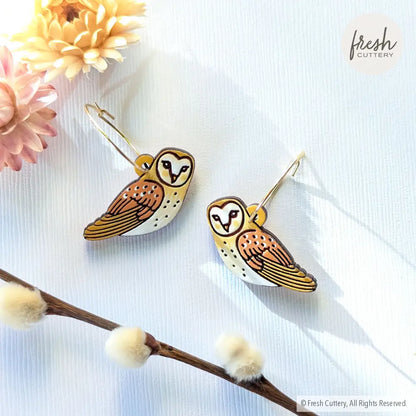 Barn Owl Earrings Gold Hoops Dangle And Drop