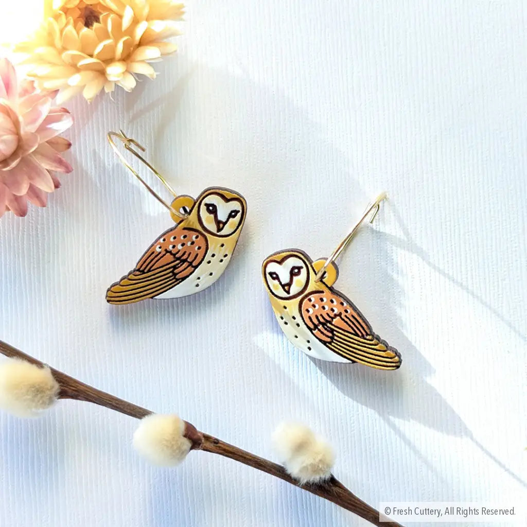 Barn Owl Earrings Gold Hoops Dangle And Drop