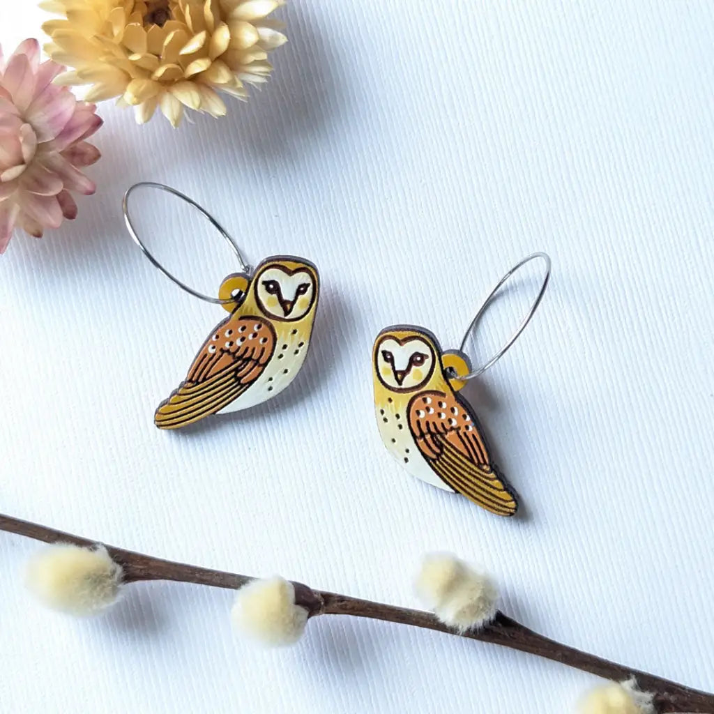 Barn Owl Earrings Silver Hoops Dangle And Drop