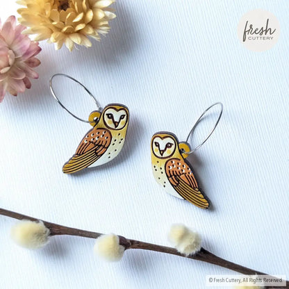 Barn Owl Earrings Silver Hoops Dangle And Drop