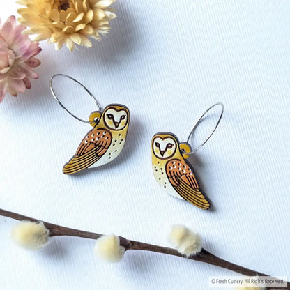 Barn Owl Earrings Silver Hoops Dangle And Drop