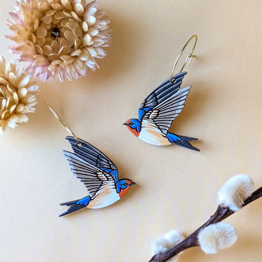 Barn Swallow Earrings Gold Hoops Dangle and Drop Earrings