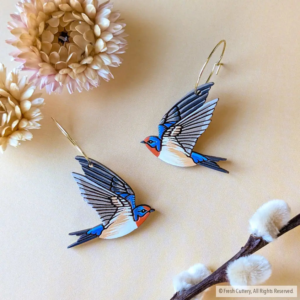 Barn Swallow Earrings Gold Hoops Dangle and Drop Earrings
