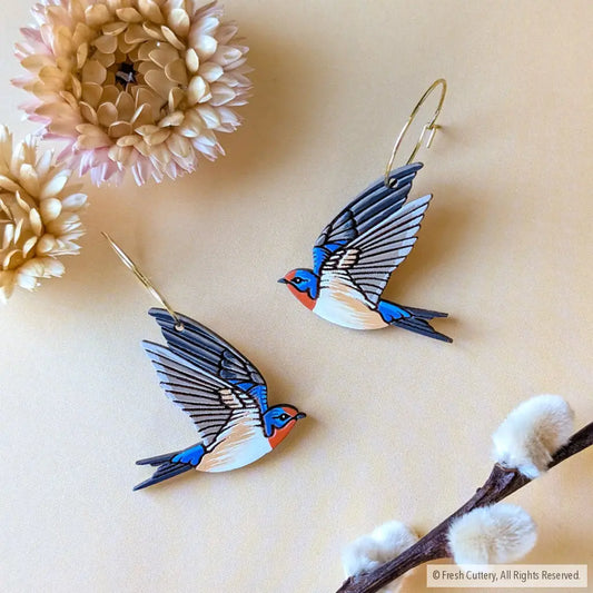 Barn Swallow Earrings Gold Hoops Dangle and Drop Earrings