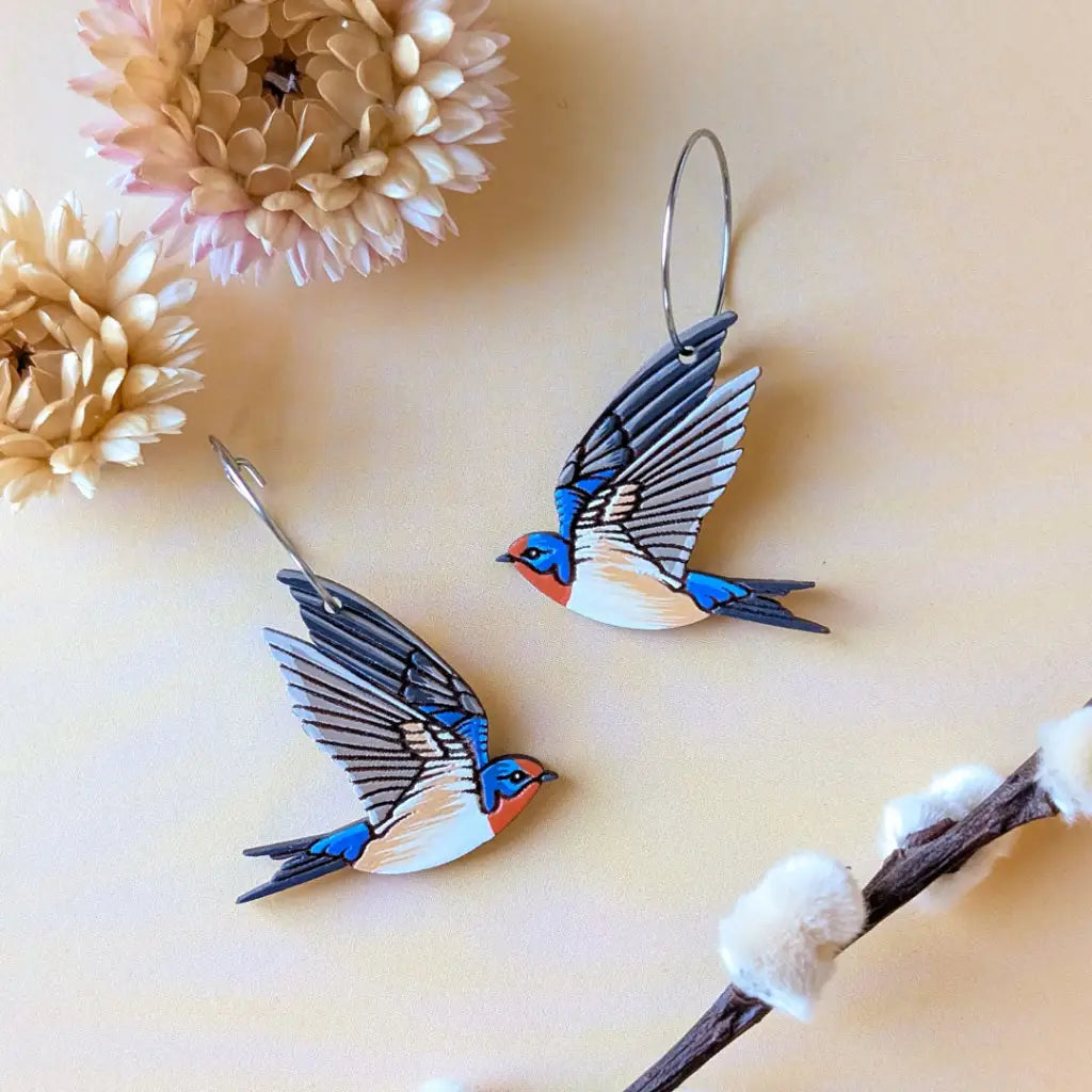 Barn Swallow Earrings Silver Hoops Dangle and Drop Earrings