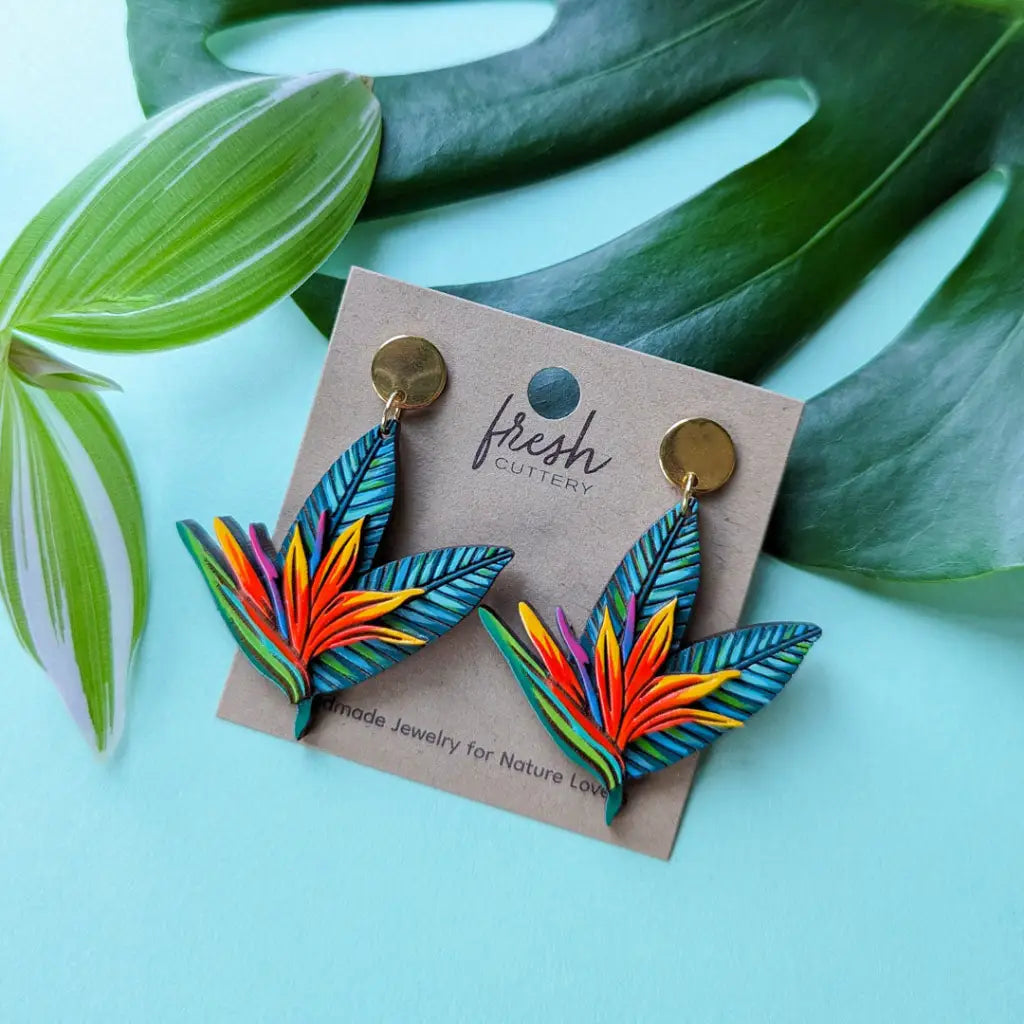 Bird Of Paradise Earrings Gold Round Posts Dangle And Drop