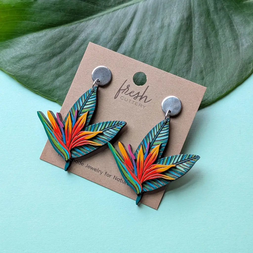 Bird of Paradise Earrings Silver Round Posts Dangle and Drop Earrings