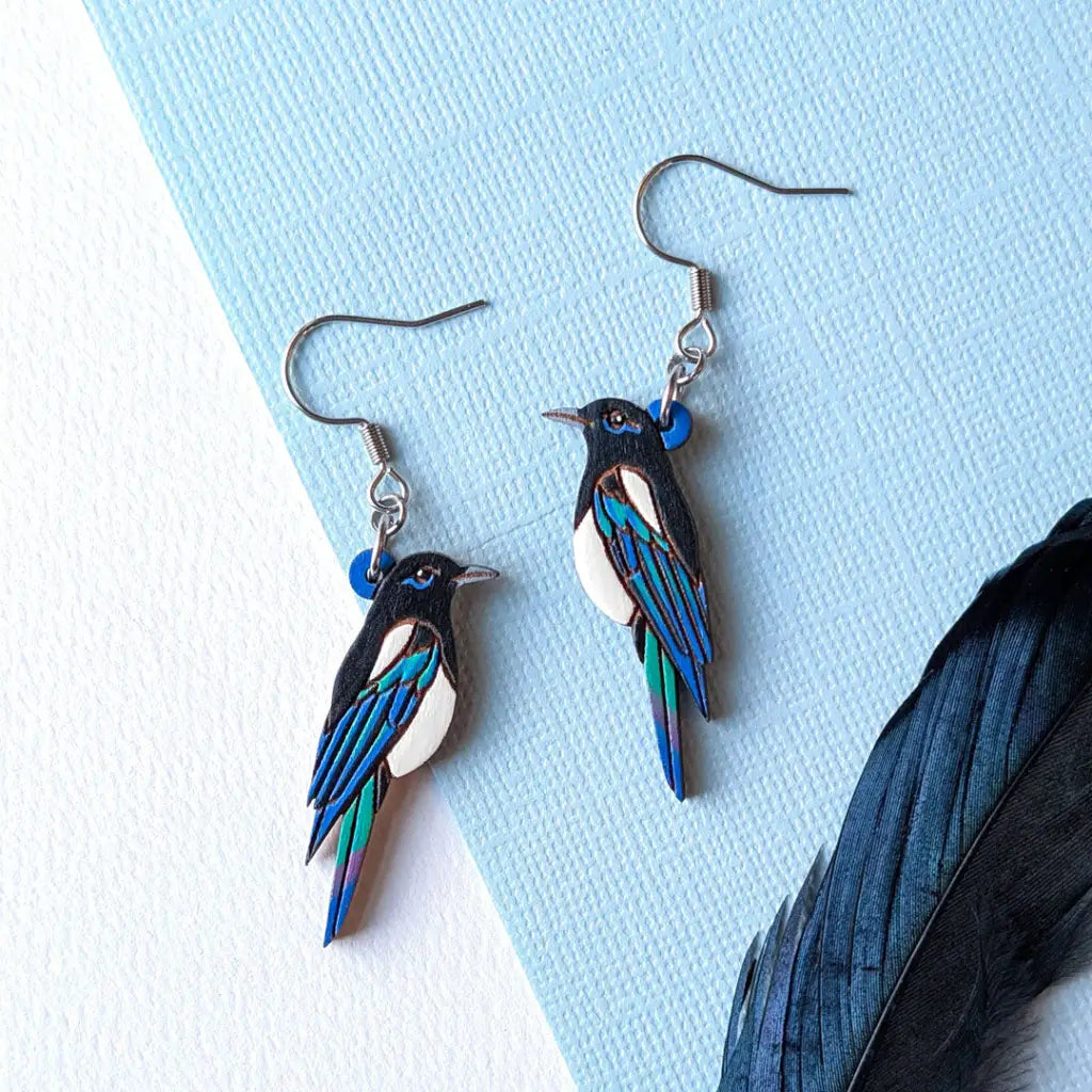 Black-Billed Magpie Earrings Silver Ear Wires Studs