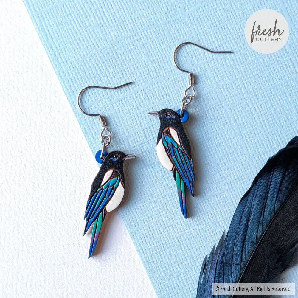 Black-Billed Magpie Earrings Silver Ear Wires Studs