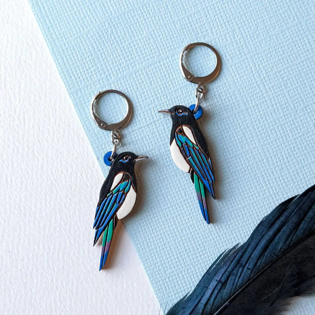 Black-Billed Magpie Earrings Silver Leverbacks Studs