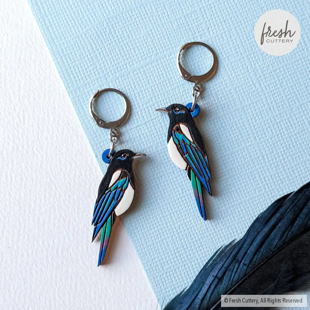 Black-Billed Magpie Earrings Silver Leverbacks Studs