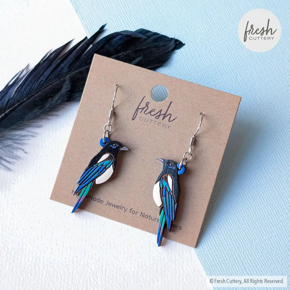 Black-Billed Magpie Earrings Studs