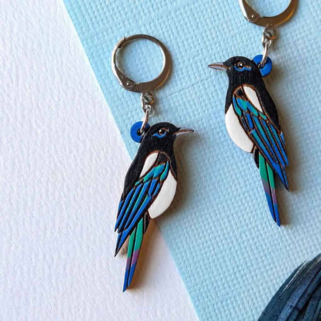 Black-Billed Magpie Earrings Studs