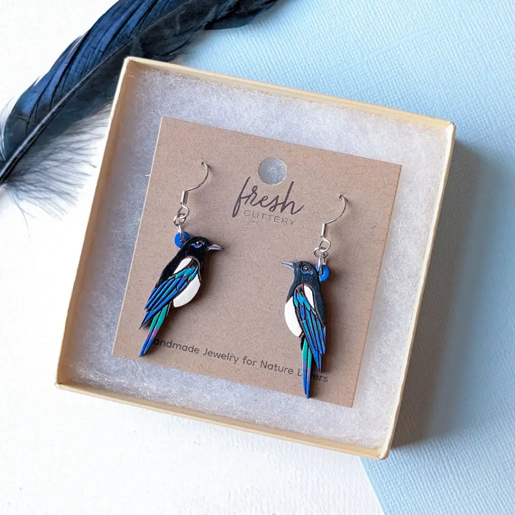 Black-Billed Magpie Earrings Studs