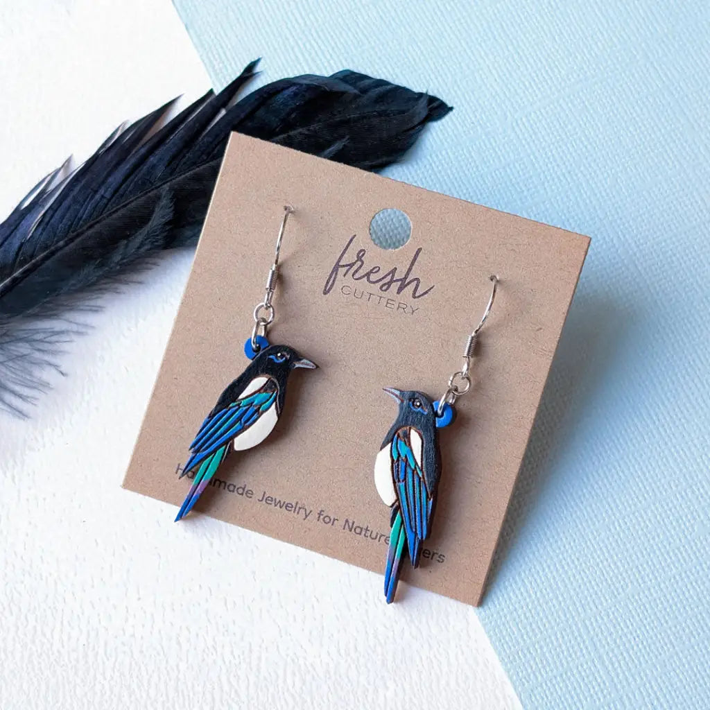 Black-Billed Magpie Earrings Studs