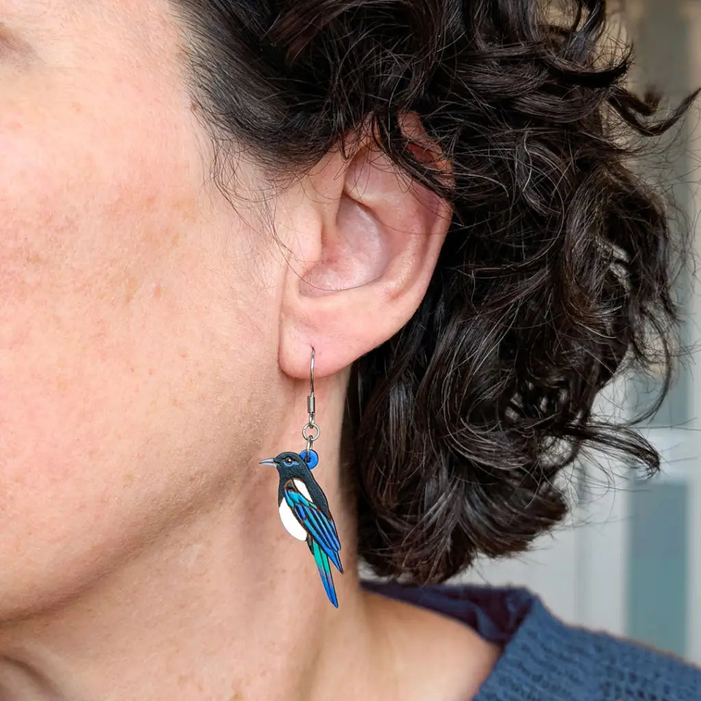 Black-Billed Magpie Earrings Studs