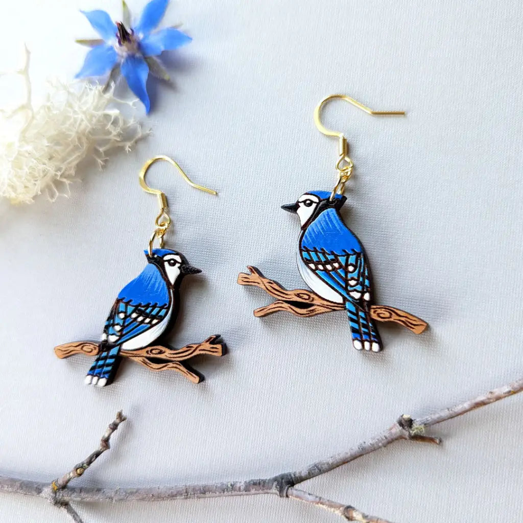 Blue Jay Earrings Gold Stainless Ear Wires Dangle And Drop
