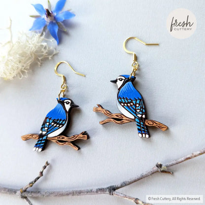 Blue Jay Earrings Gold Stainless Ear Wires Dangle And Drop