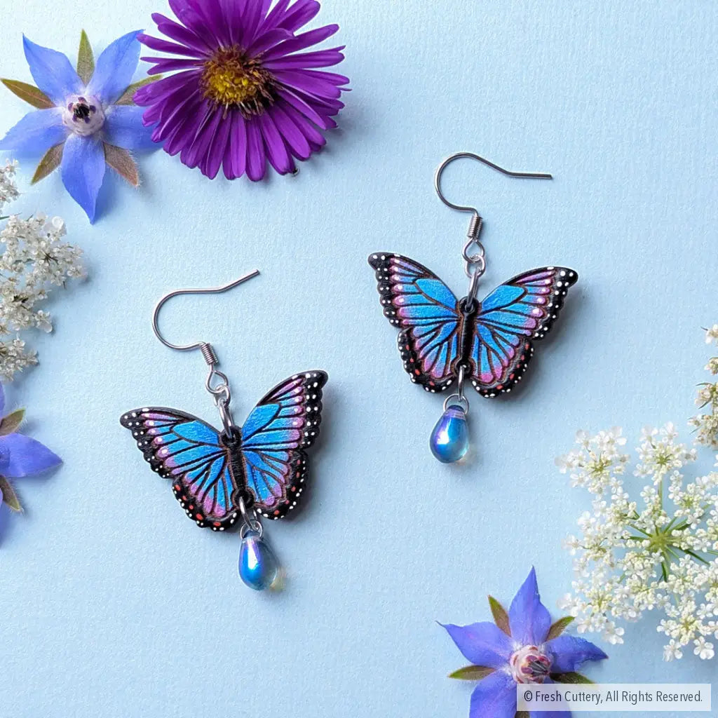 Blue Morpho Earrings - Silver Ear Wires - Dangle and Drop Earrings