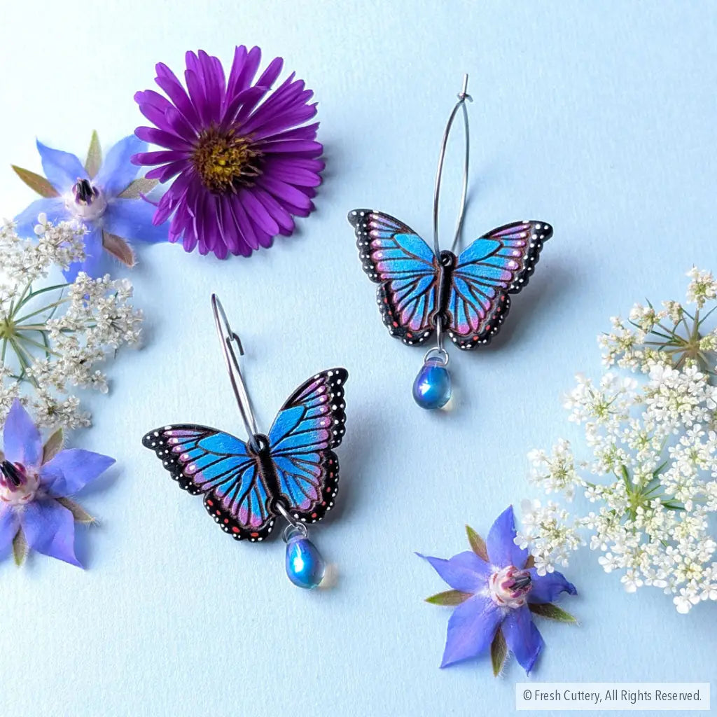 Blue Morpho Earrings - Silver Hoops - Dangle and Drop Earrings