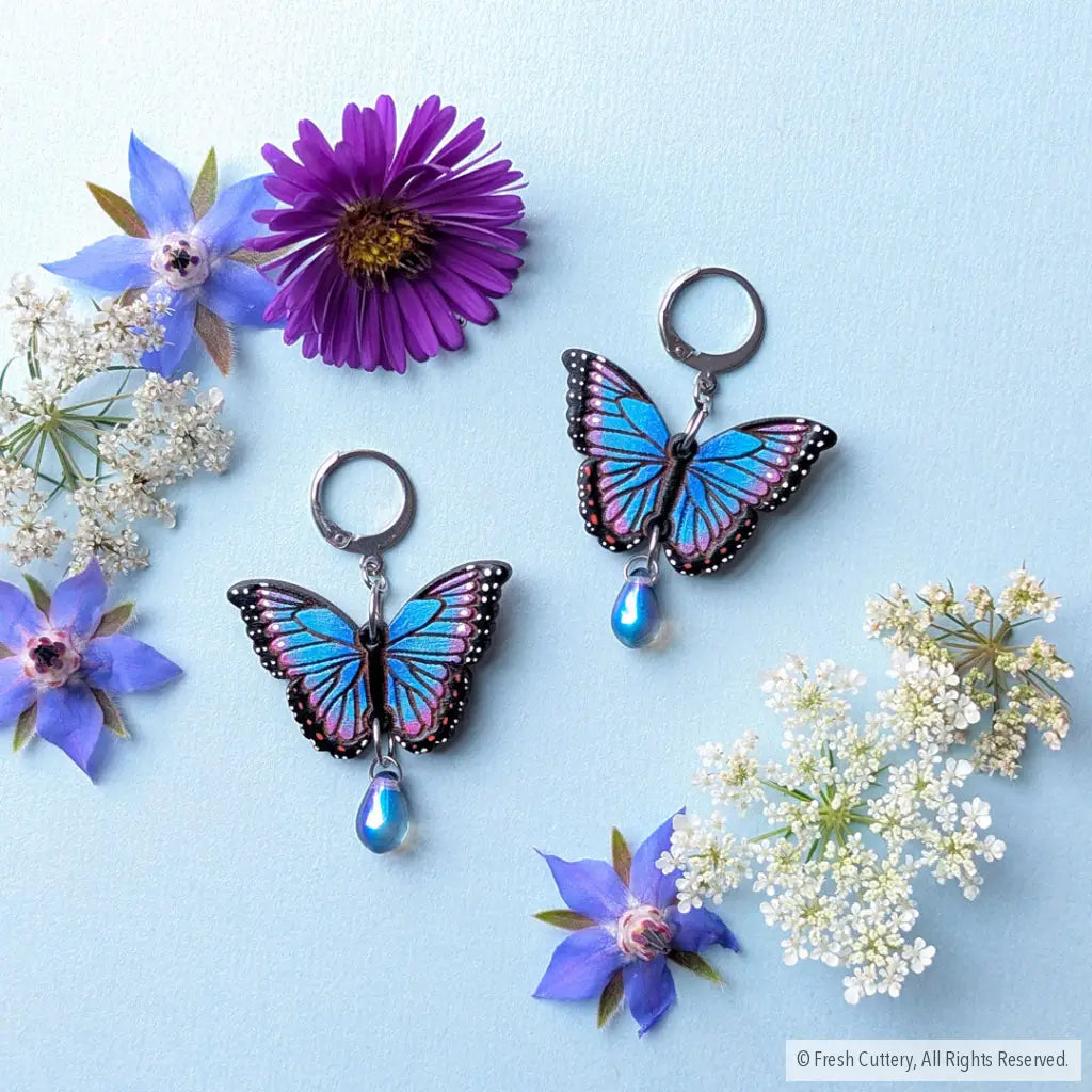 Blue Morpho Earrings - Silver Leverbacks - Dangle and Drop Earrings