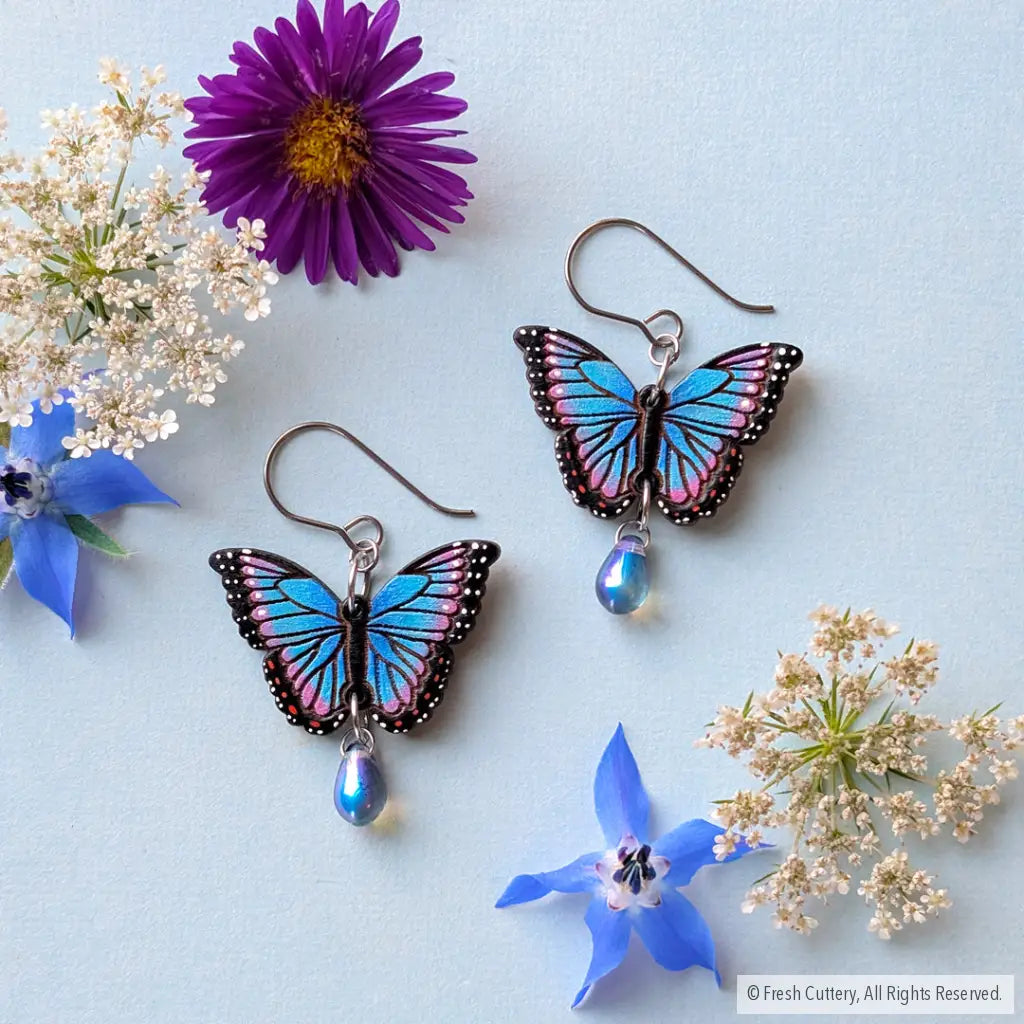 Blue Morpho Earrings - Titanium Ear Wires - Dangle and Drop Earrings