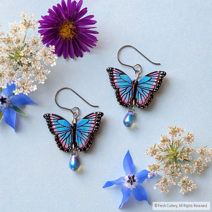 Blue Morpho Earrings - Titanium Ear Wires - Dangle and Drop Earrings