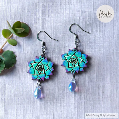 Blue Succulent Drops Ear Wires With Bead Dangle And Drop Earrings