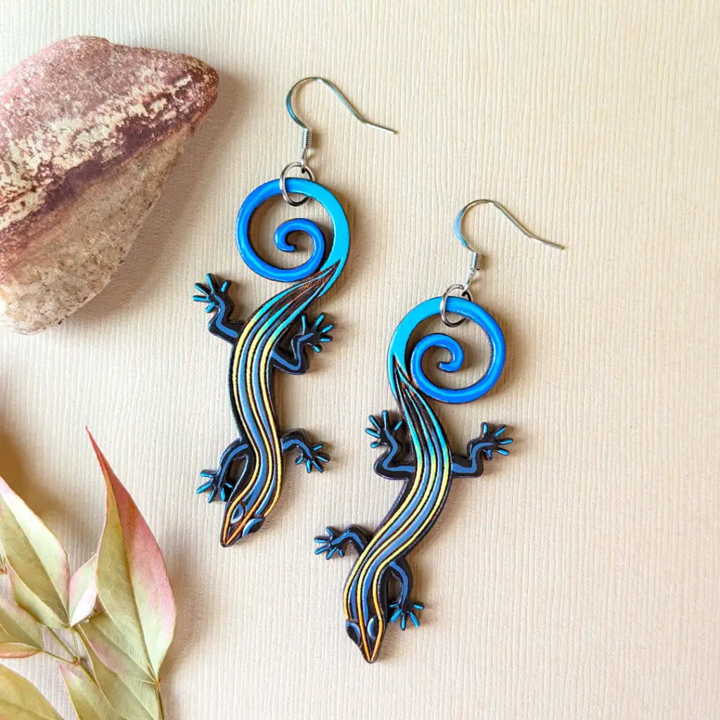 Blue-Tailed Skink Lizard Earrings Silver Ear Wires Dangle And Drop