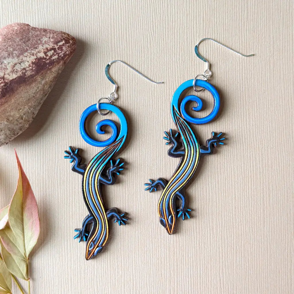 Blue-Tailed Skink Lizard Earrings Sterling Ear Wires Dangle And Drop