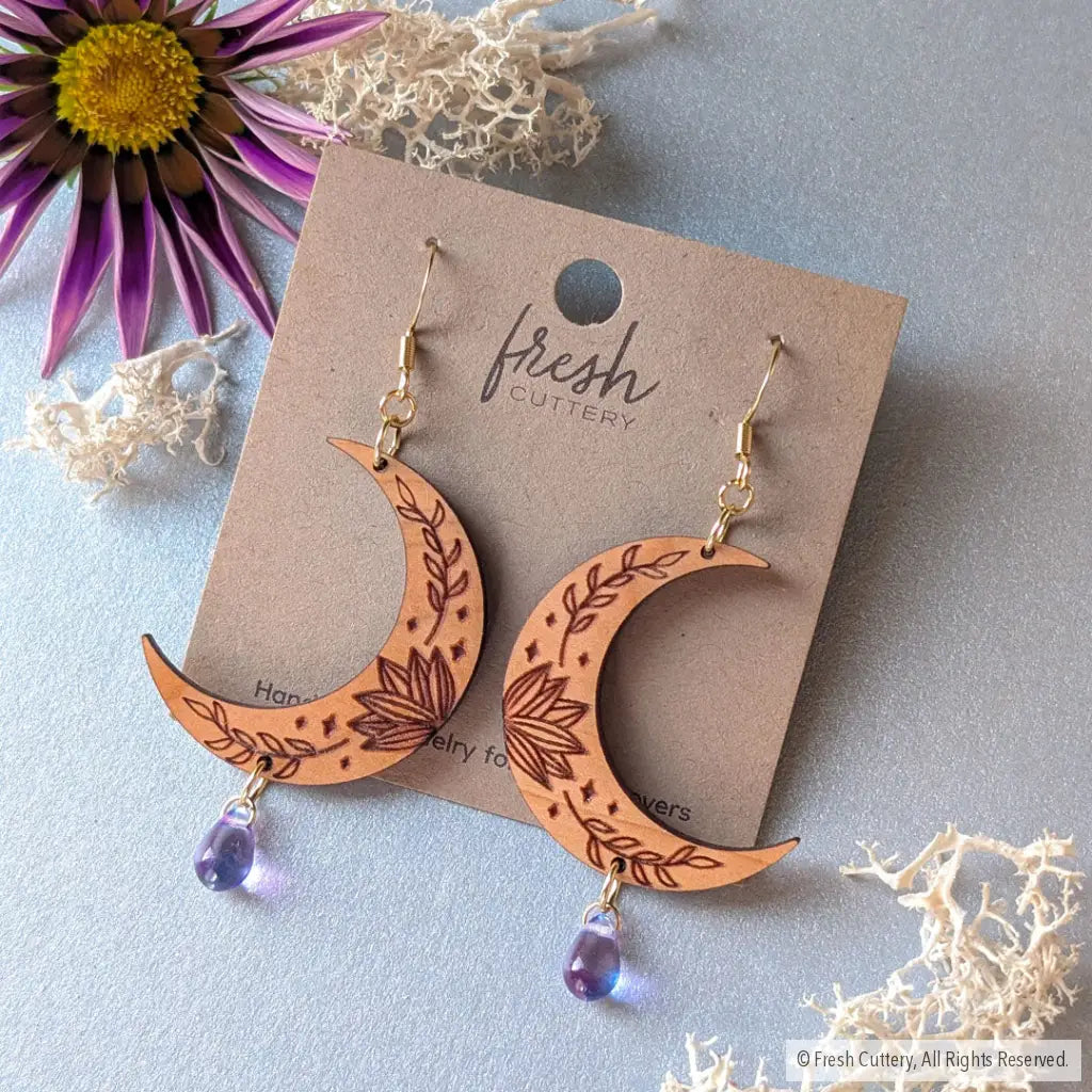 Botanical Crescent Moon Earrings Dangle and Drop Earrings