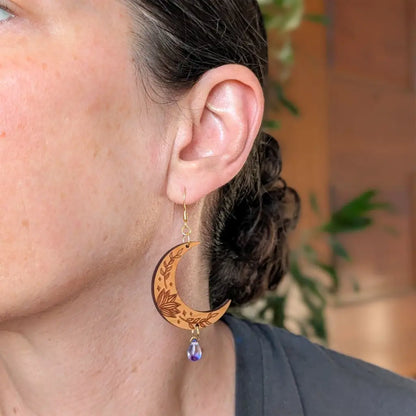 Botanical Crescent Moon Earrings Dangle and Drop Earrings