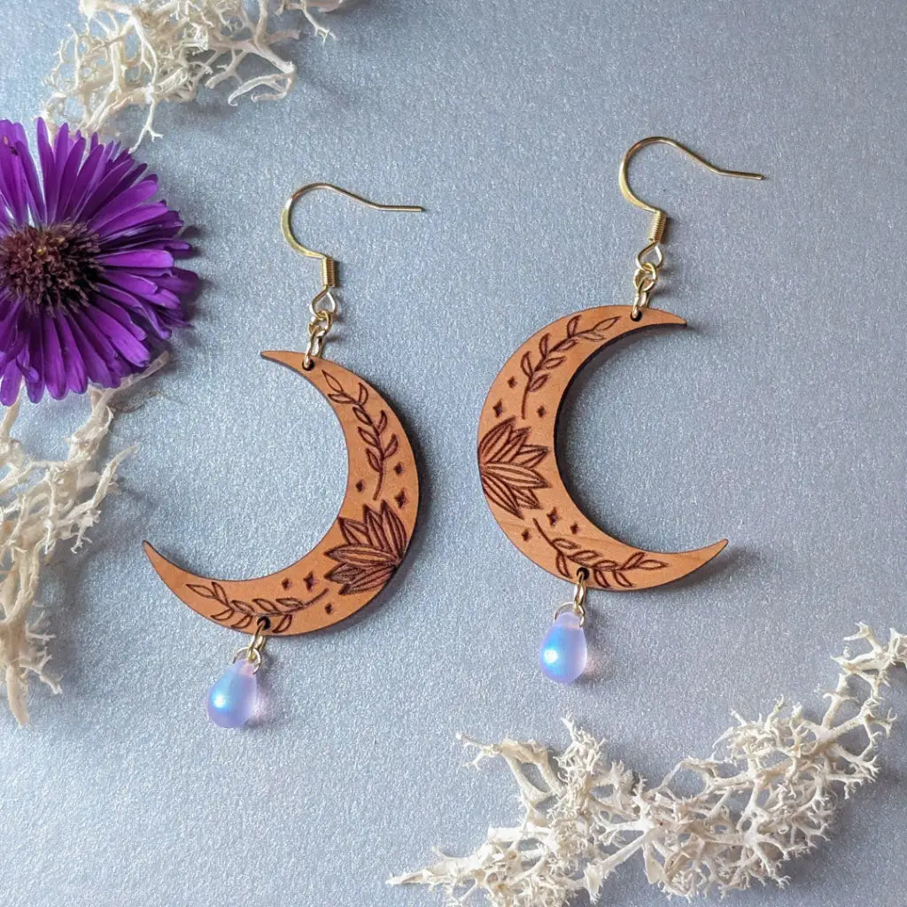 Botanical Crescent Moon Earrings Dangle and Drop Earrings