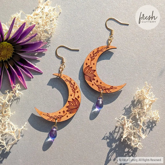 Botanical Crescent Moon Earrings Gold Ear Wires Dangle and Drop Earrings
