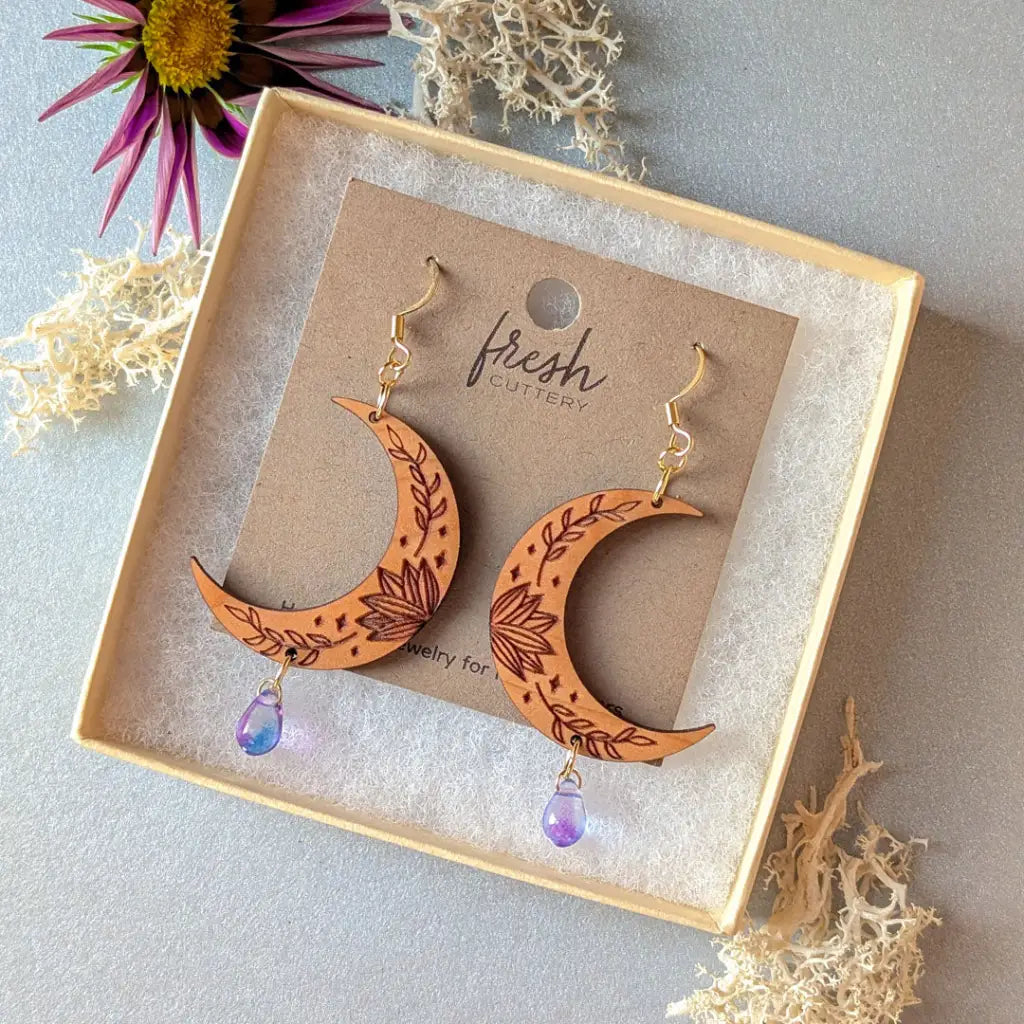 Botanical Crescent Moon Earrings Dangle and Drop Earrings