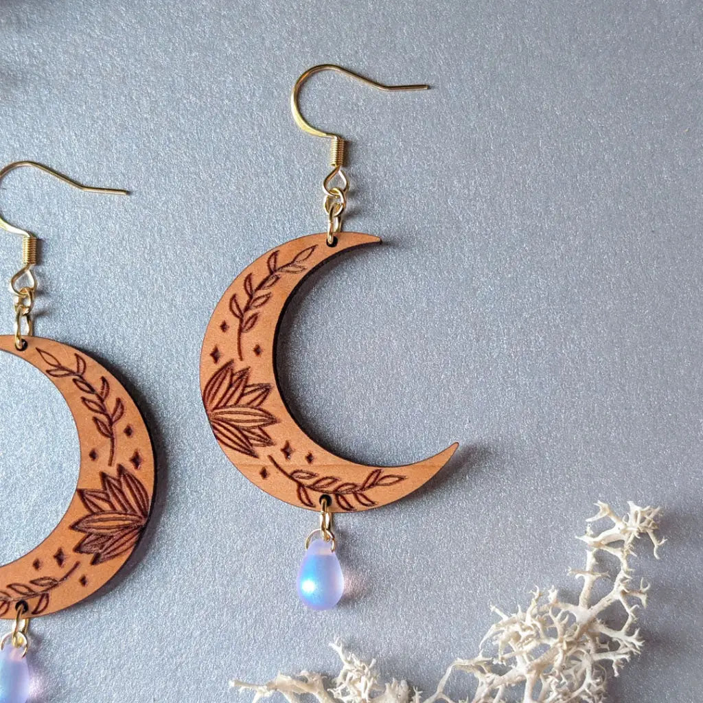 Botanical Crescent Moon Earrings Dangle and Drop Earrings