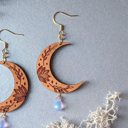 Botanical Crescent Moon Earrings Dangle and Drop Earrings