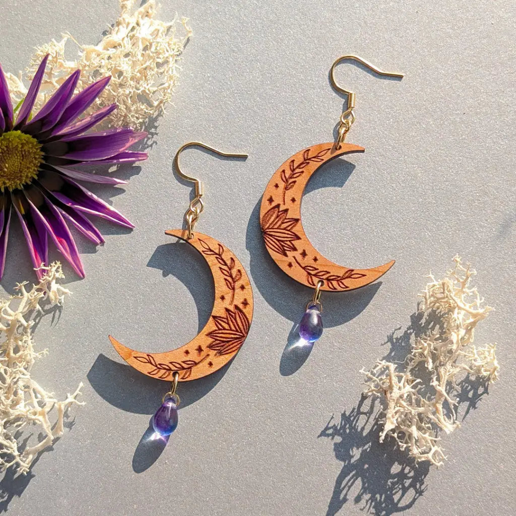Botanical Crescent Moon Earrings Gold Ear Wires Dangle and Drop Earrings