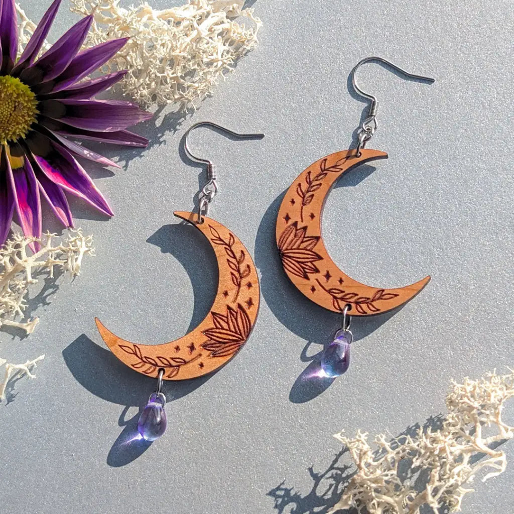 Botanical Crescent Moon Earrings Silver Ear Wires Dangle and Drop Earrings