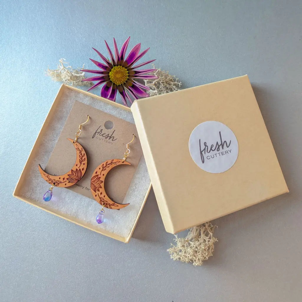 Botanical Crescent Moon Earrings Dangle and Drop Earrings