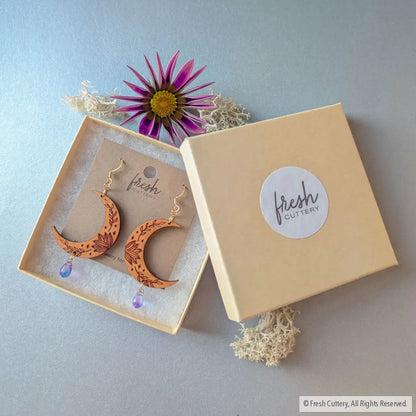 Botanical Crescent Moon Earrings Dangle and Drop Earrings