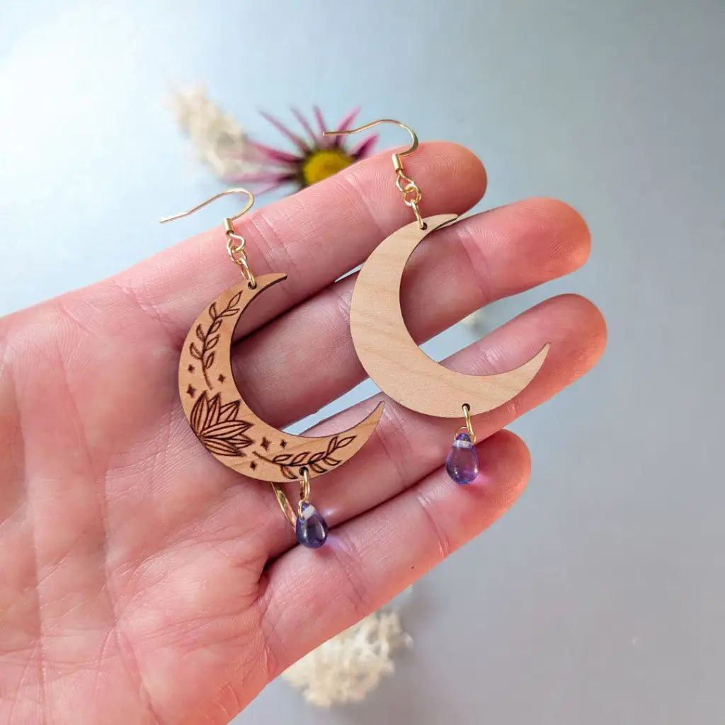 Botanical Crescent Moon Earrings Dangle and Drop Earrings