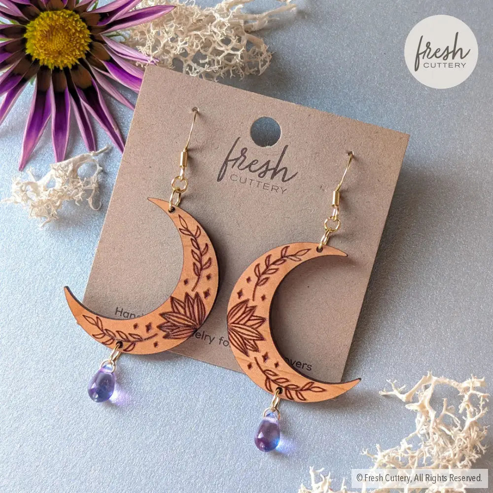 Botanical Crescent Moon Earrings Dangle and Drop Earrings