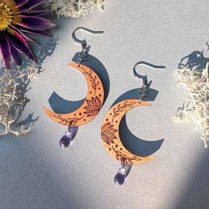 Botanical Crescent Moon Earrings Dangle and Drop Earrings